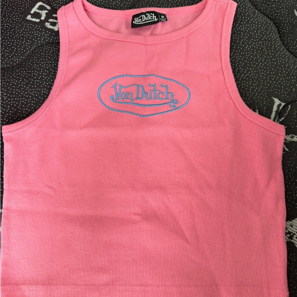 Von Dutch Pink Tank Top with Blue Logo